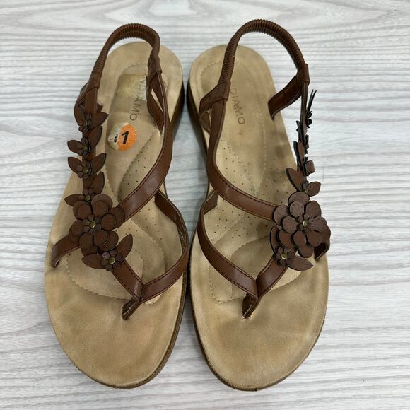 Andiamo Sandals SZ 11M Brown Tan 3D Flower Elastic Slingback Strappy Flat Thong - Picture 9 of 10